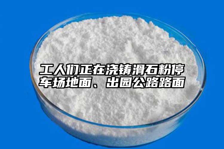 工人們正在澆鑄滑石粉停車場地面、出園公路路面